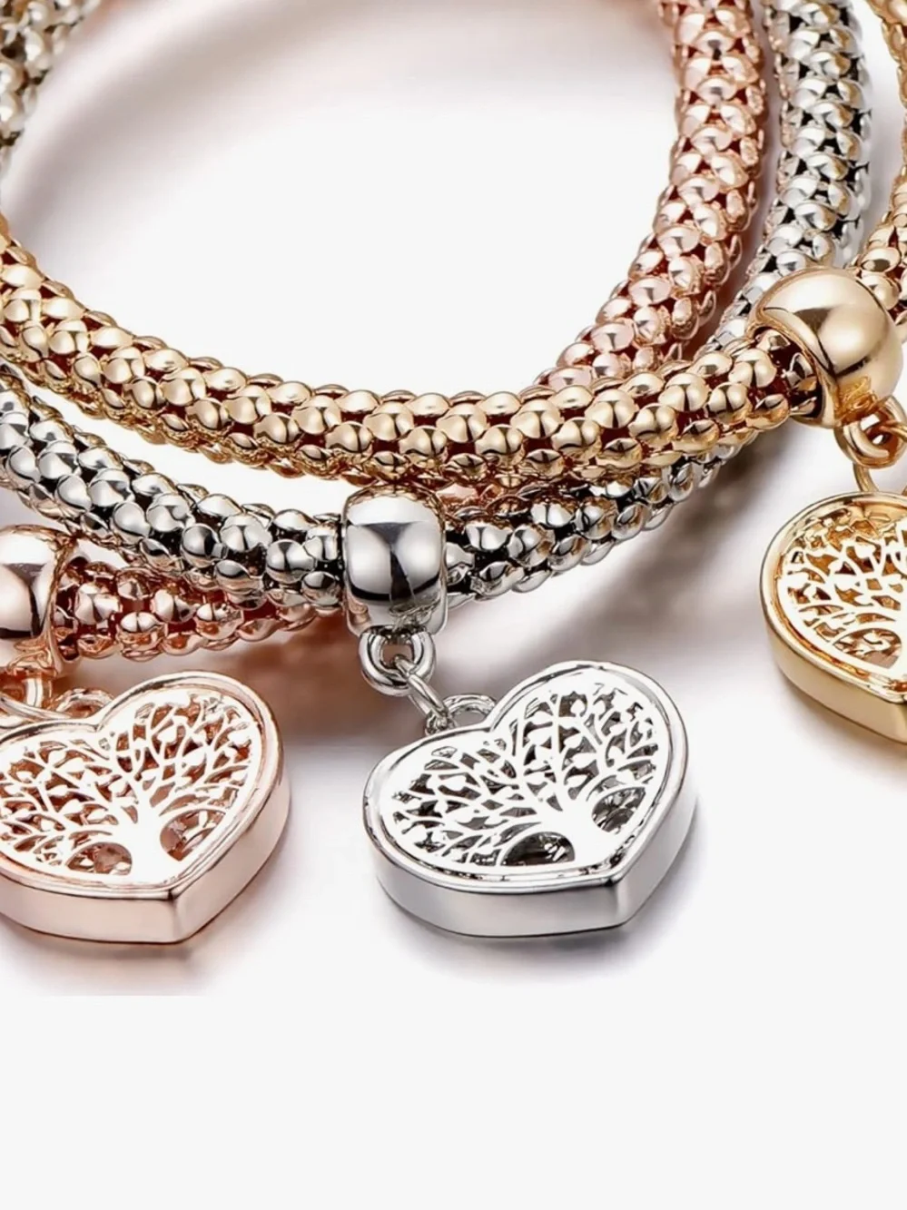 Anthropologie Three-Tone Heart Tree Charm Bracelet — Gold, Silver & Rose Gold
